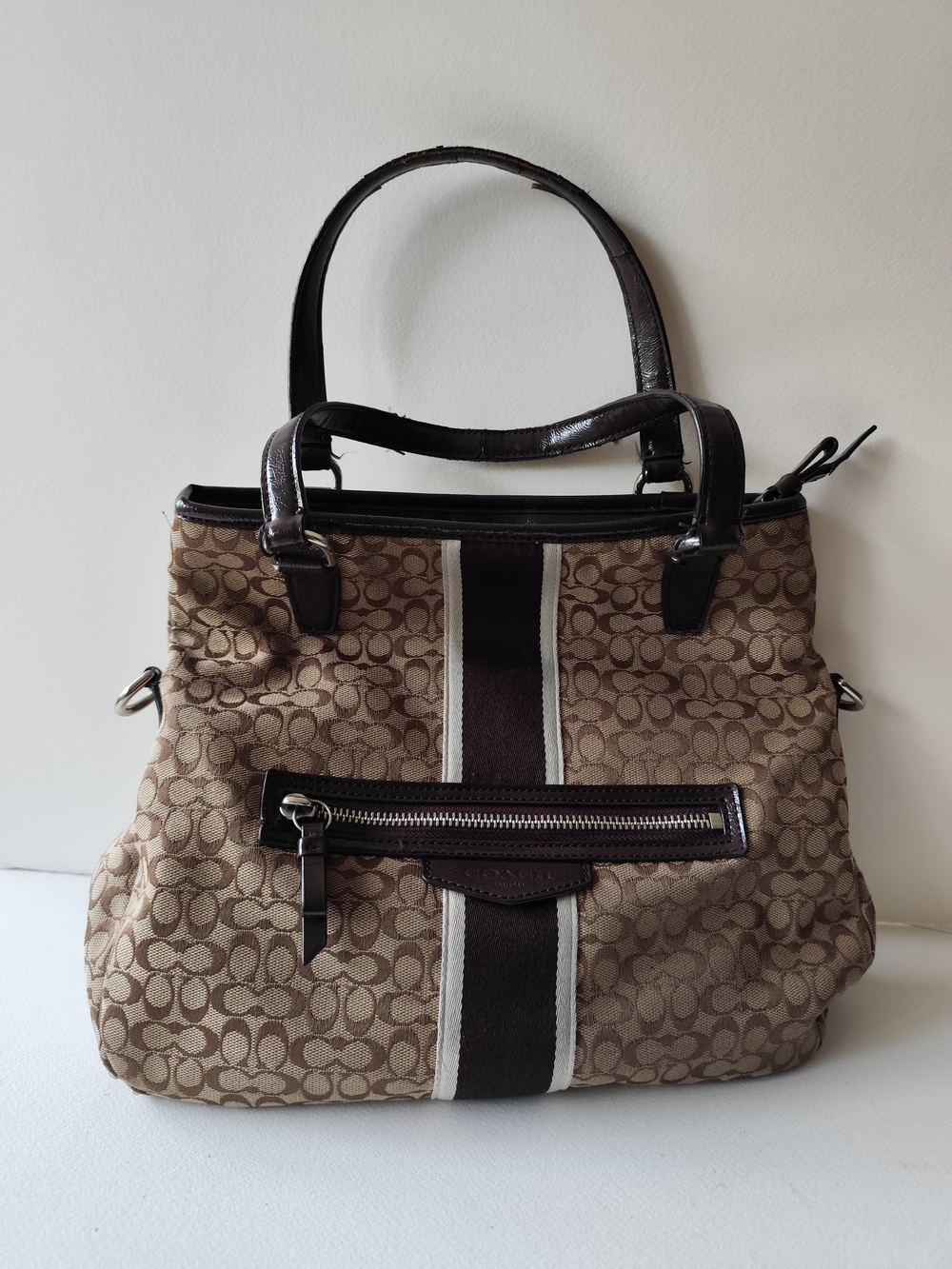 Coach Signature Strip Tan Brown Shoulder Cross Body Tote Bag